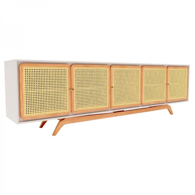 Balcão Buffet Ricco 273 Cm 5 Pts Laca com Portas em Palhinha